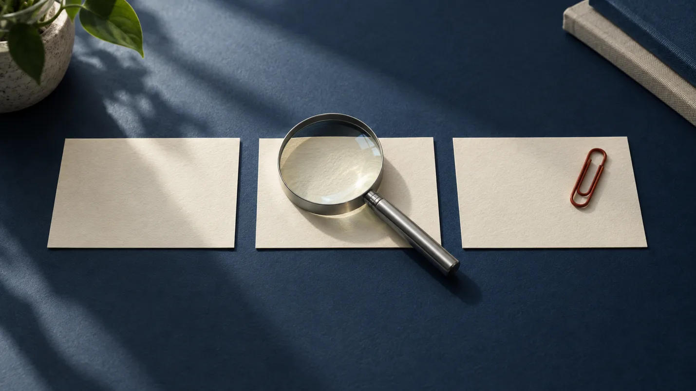 Three blank research cards and a magnifying glass, an editorial illustration